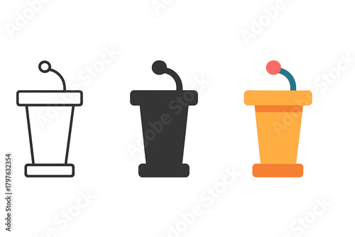 Microphone is shown in three different colors, black, white and orange. The microphone is a symbol of communication and is often used in public speaking events