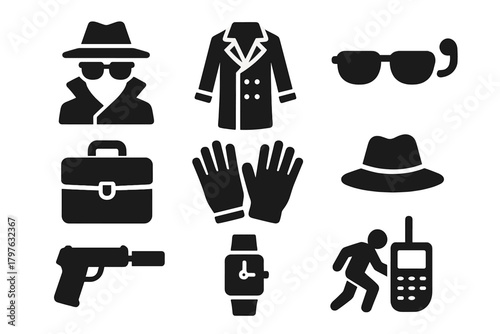 Spy Icons Collection. Solid style icons of Spy agents: spy figure, trench coat, sunglasses, earpiece, briefcase, gloves, hat,