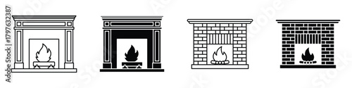 fireplace icon in linear and clipart style pack on white background.