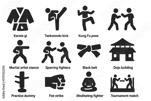 Martial Arts Icons. Solid style icons of martial arts: karate gi, taekwondo kick, kung fu pose, judo throw, martial artist stance,