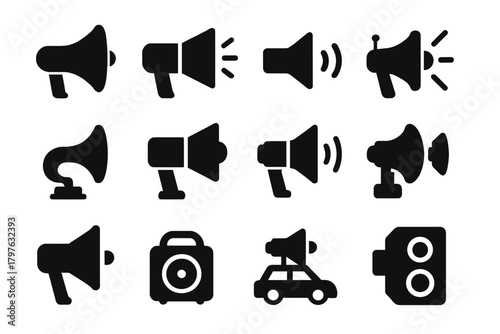 Solid Megaphone Icons. Solid style icons of megaphone devices: classic megaphone, handheld megaphone, loudspeaker cone, wireless