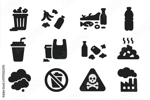 Environmental Pollution Icons. Solid style icons of Environmental impact: overflowing bin, litter on ground, polluted area,