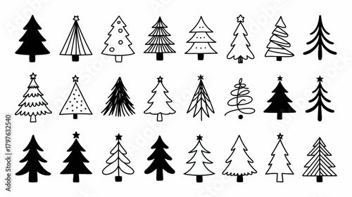 Hand-drawn christmas trees collection in various festive doodle styles, perfect for holiday season design elements and greetings.