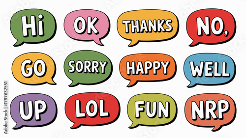 Assortment of vibrant, hand-drawn comic style speech bubbles displaying diverse short messages and everyday chat words for modern graphic design projects.