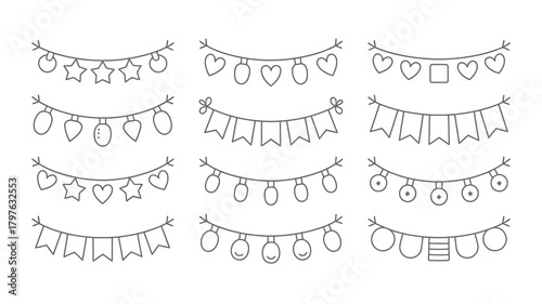 Festive doodle string lights and party banners set with black outline. hand-drawn celebration decoration elements for design.