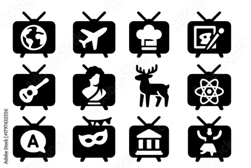 Cultural TV Icons. Solid style icons of cultural TV: world documentary, travel show, cooking culture, art exhibition TV, music
