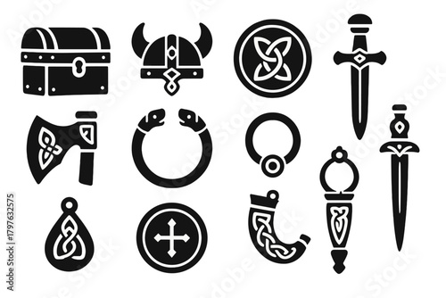 Viking Artifact Icons. Solid style icons of Viking artifacts: treasure chest, helmet ornament, shield emblem, sword hilt, axe