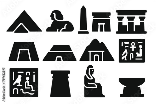 Ancient Egypt Icons. Solid style icons of Ancient Egypt monuments: pyramid, sphinx, obelisk, temple, tomb, mastaba, mortuary