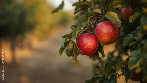 Vibrant red apples hanging ...