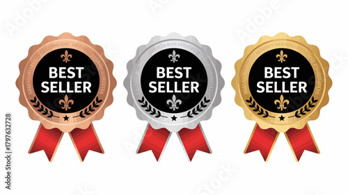 Best seller award badges set in gold, silver, and bronze colors with red ribbons, symbolizing top quality product ranking and achievement.