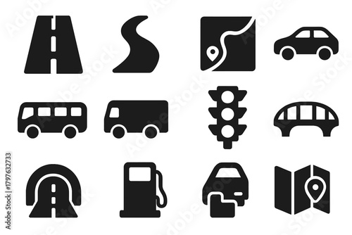 Road Trip Icons. Solid style icons of Road trip travel: highway, street, path, route, car, bus, truck, traffic light, bridge,