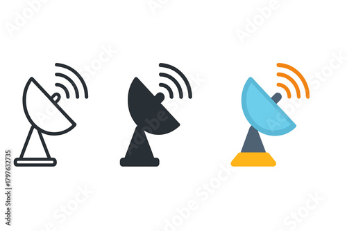 Three different types of satellite dishes are shown, each with a different color. The first is black, the second is blue, and the third is yellow. The dishes are all pointing in different directions