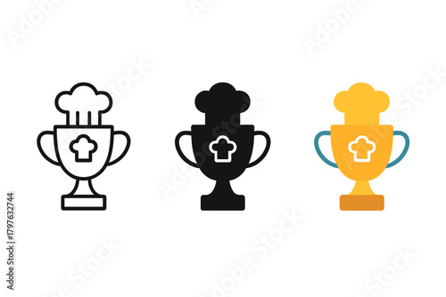 Three different colored cups with a chef's hat on top. The cups are black and yellow. The cups are meant to represent different levels of achievement