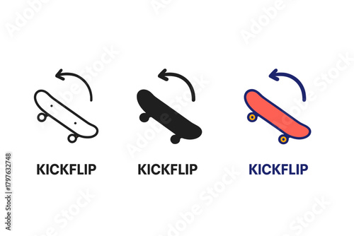 Three skateboards are shown with the first one being a kickflip, the second one a kickflip with a 360 degree spin, and the third one a kickflip with a 180 degree spin