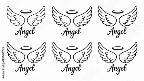 Elegant angel wings and halo with decorative script text 'angel' creating a seamless pattern on a clean white background. spiritual vector art