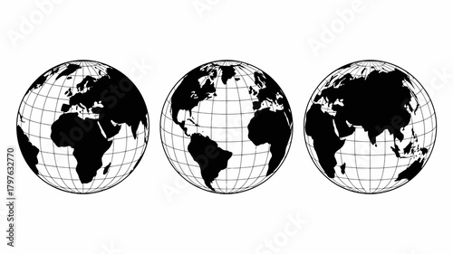 Three monochromatic world globes with grid lines, illustrating diverse continental views for global business and communication concepts.