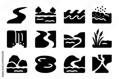 Rivers and Lakes Icons. Solid style icons of Rivers and lakes: flowing river, calm lake, waves, rapids, waterfall, river bend,