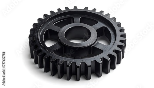 Black circular gear with central hole and spokes on white background