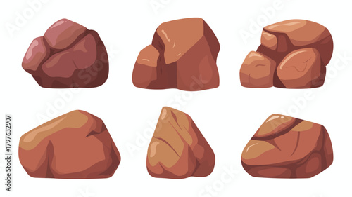 Collection of six brown cartoon rocks and stones, natural game elements, isolated graphic assets for nature and environment designs.
