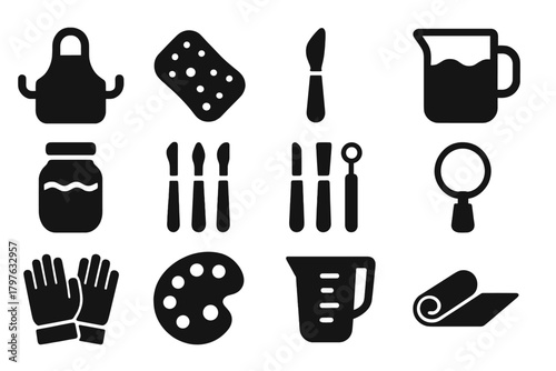 Set of kitchen utensils and tools. The image is black and white. The kitchen tools include a knife, a spoon, a spatula, a bowl, a cup, a bottle, a jar, a spoon, a fork