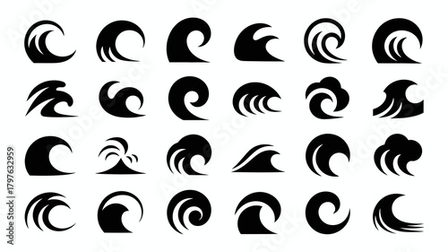 Collection of minimalist wave vector icons for ocean, sea, water, and surfing themes. dynamic crests and flowing forms for design.