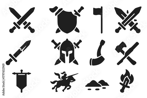 Medieval Battle Icons. Solid style icons of battles: crossed swords, shield with swords, battle flag, clashing swords, broken