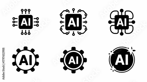 Artificial intelligence concept vector icon collection with various modern ai technology symbols, featuring processor chips and gears.