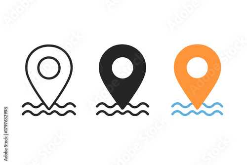 Three different colored points are shown on a white background. The first point is black and white, the second is orange and the third is blue. The image is of a map with a point on it