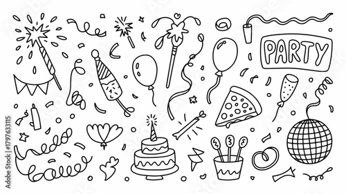 Hand-drawn party doodle collection featuring festive celebration elements like balloons, confetti, cake, sparklers, and a disco ball outline vector.