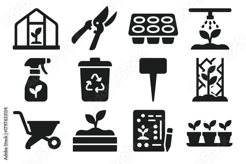 Horticulture Tool Icons. Solid style icons of Horticulture: greenhouse, pruning shears, seed tray, irrigation system, plant
