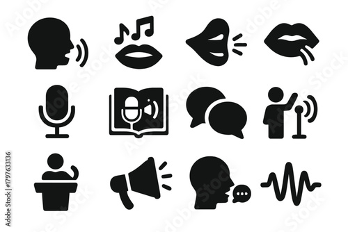 Voice Action Icons. Solid style icons of voice actions: speaking head, singing mouth, shouting voice, whisper lips, narration mic,