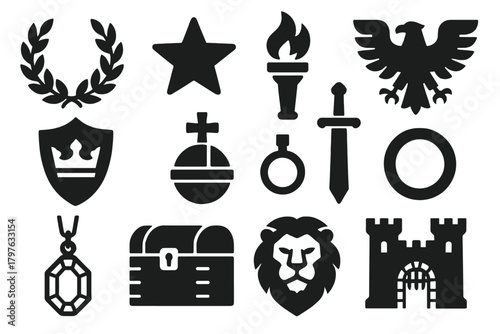 Power Symbol Icons. Solid style icons of power symbols: laurel wreath, golden star, torch flame, eagle emblem, shield with crown,
