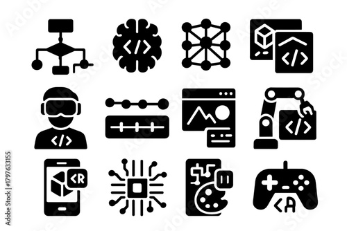 Creative Coding Icons. Solid style icons of creative coding: algorithm flowchart, AI brain with code, neural network nodes, 3D