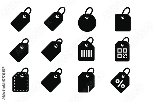 Solid Style Price Tags. Solid style icons of price tags: classic price tag, hanging tag, round tag, rectangular tag, folded tag,