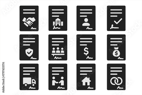 Business Contract Icons. Solid style icons of Business contracts: company agreement, office contract, employee contract, job offer