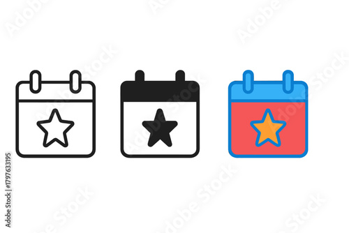 Three different colored calendars with stars on them. The first one is black and white, the second one is red and the third one is blue