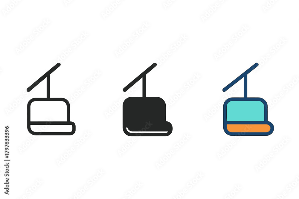 Fototapeta premium Three different colored ski lifts are shown in a row. The first lift is black, the second lift is blue, and the third lift is orange