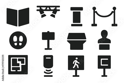 Set of icons for various objects and signs, including a book, a sign, a person, and a box