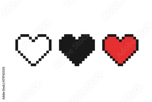 Three hearts are shown in a row, with the middle one being red and the other two being black. The hearts are pixelated, giving them a vintage look. Concept of nostalgia and simplicity