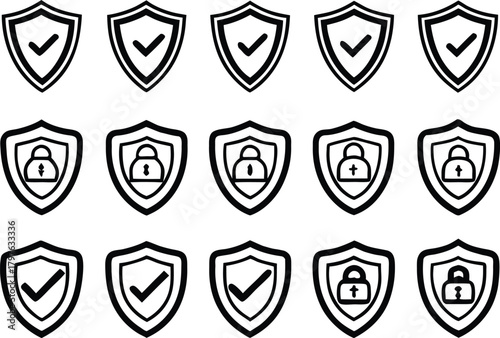 Security shield icons with checkmark and lock symbols
