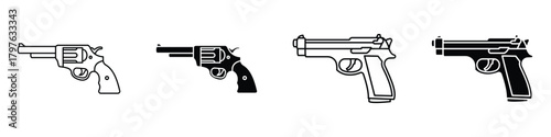 gun icon in linear and clipart style pack on white background.