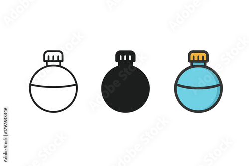 Three different colored bottles with a black one in the middle. The bottles are all different sizes and shapes