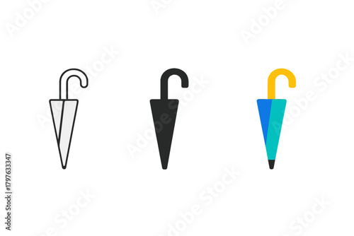 Three umbrellas are shown in different colors. The first umbrella is white, the second is black, and the third is blue. The umbrellas are all the same shape, but they have different colors