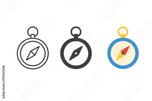 Three compass icons are shown in different colors. The black and white compass is the most basic and simple, while the blue and yellow compass is more colorful and playful