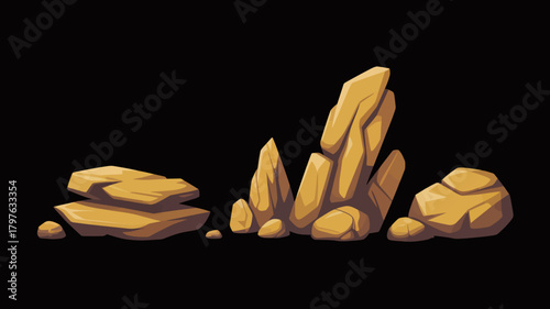 Collection of stylized desert rocks and stone elements for game design, fantasy landscapes, or ancient ruins decoration isolated on background.