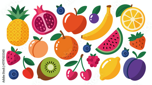 Colorful assortment of fresh organic fruits and berries in a vibrant flat design vector illustration, ideal for healthy eating concepts.