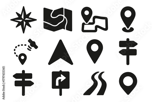 Navigation Icons Set. Solid style icons of navigation: compass rose, road map, folded map, gps pointer, satellite route,