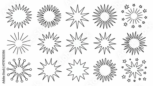 Collection of diverse line art starburst and explosion elements. variety of spiky, rounded, and radiating burst shapes for design projects.