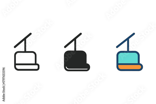 Three different colored ski lifts are shown in a row. The first lift is black, the second lift is blue, and the third lift is orange