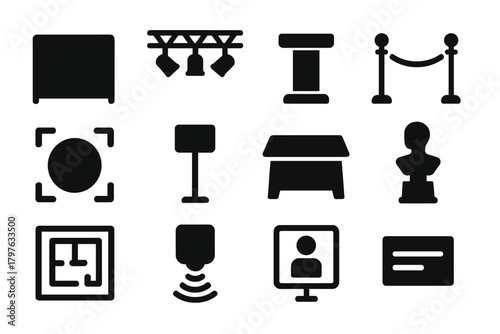 Set of icons for various objects and concepts, including a camera, a person, a chair, a table, a sculpture, and a card